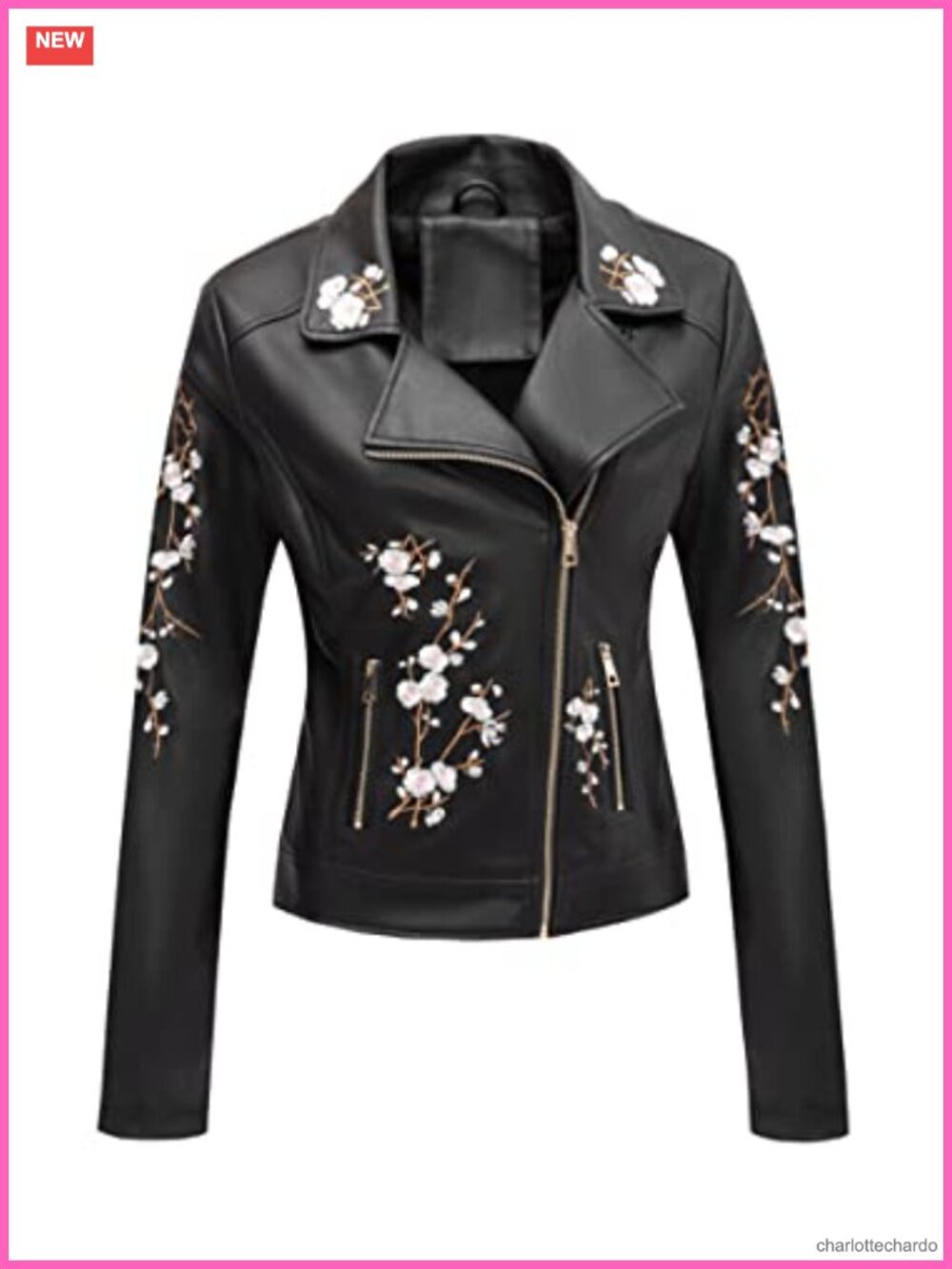 Faux Leather Moto Jacket Floral Embroidered Lightweight Biker Coat